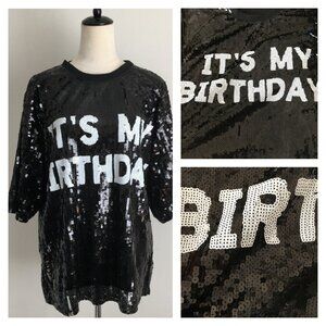 Black White Sequined "IT'S MY BIRTHDAY" Short Sleeve Lined Dress Long Shirt